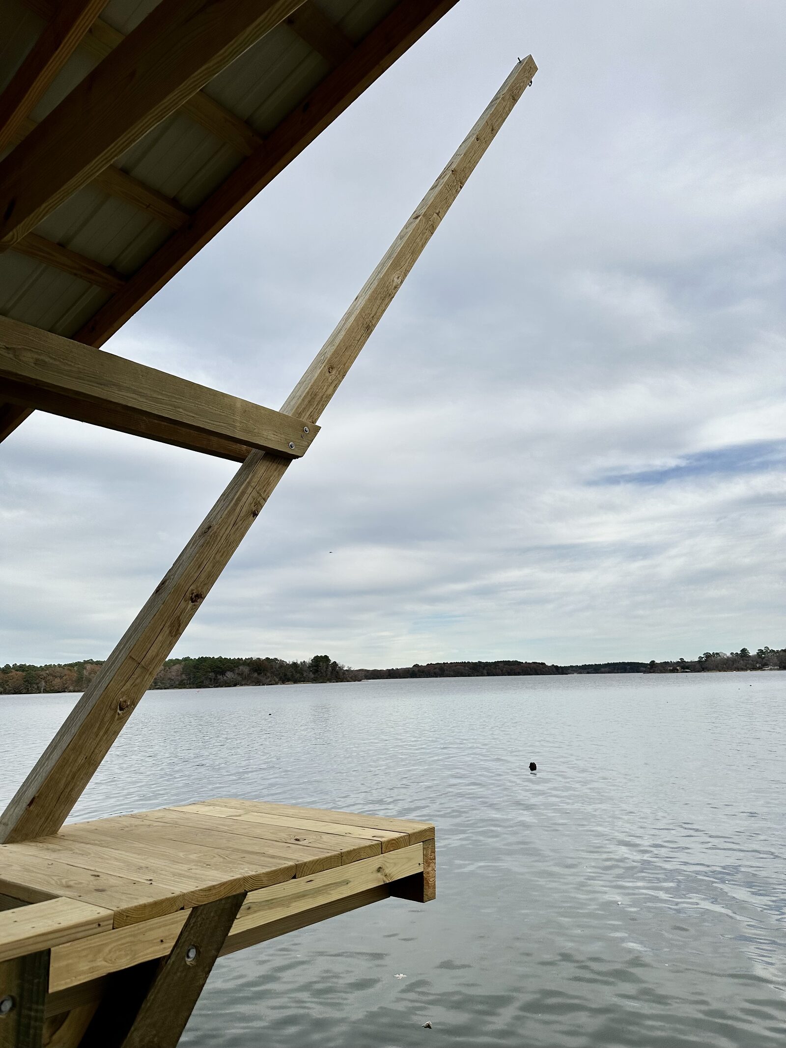 A timber diving platform cantilevered off the end of a boathouse deck, braced back to the frame with an angled timber strut, open lake beyond