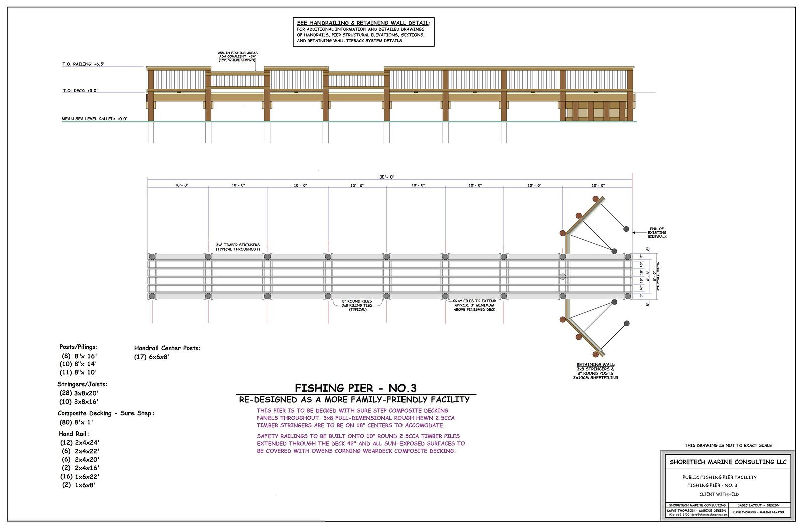 Shoretech design drawing for a public fishing pier 80 feet long on an 8 foot structural width, plan and elevation, noting Sure-Step composite decking panels over 3x8 rough-hewn timber stringers on 18-inch centers