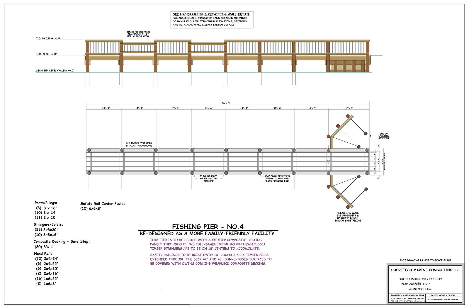 Companion Shoretech design drawing for a fourth public fishing pier of the same construction, with composite decking called out in the bill of materials