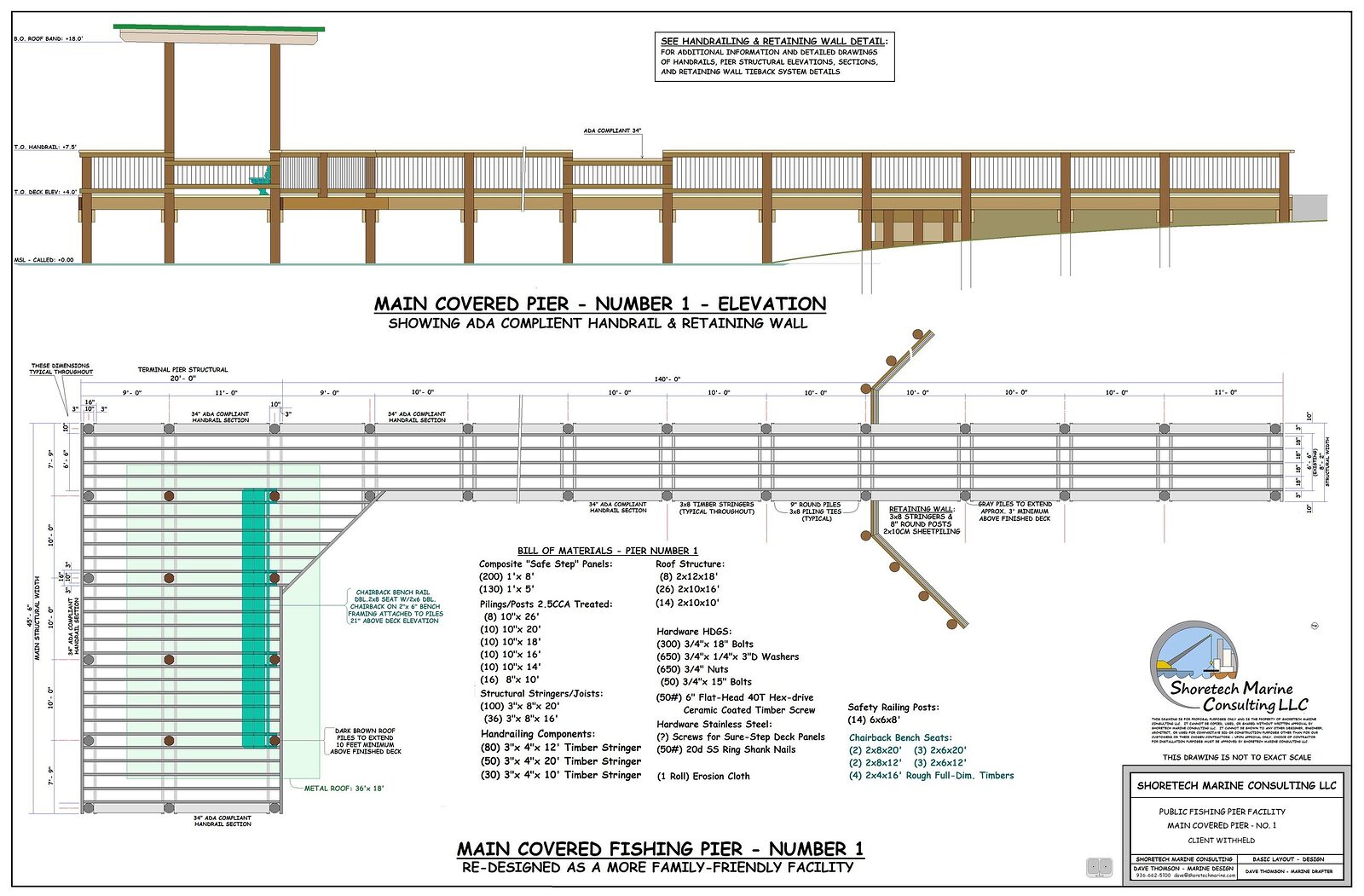 Design drawing of the main covered public fishing pier — elevation above, plan below — showing the metal roof, lowered handrail sections and a retaining wall, with a full bill of materials