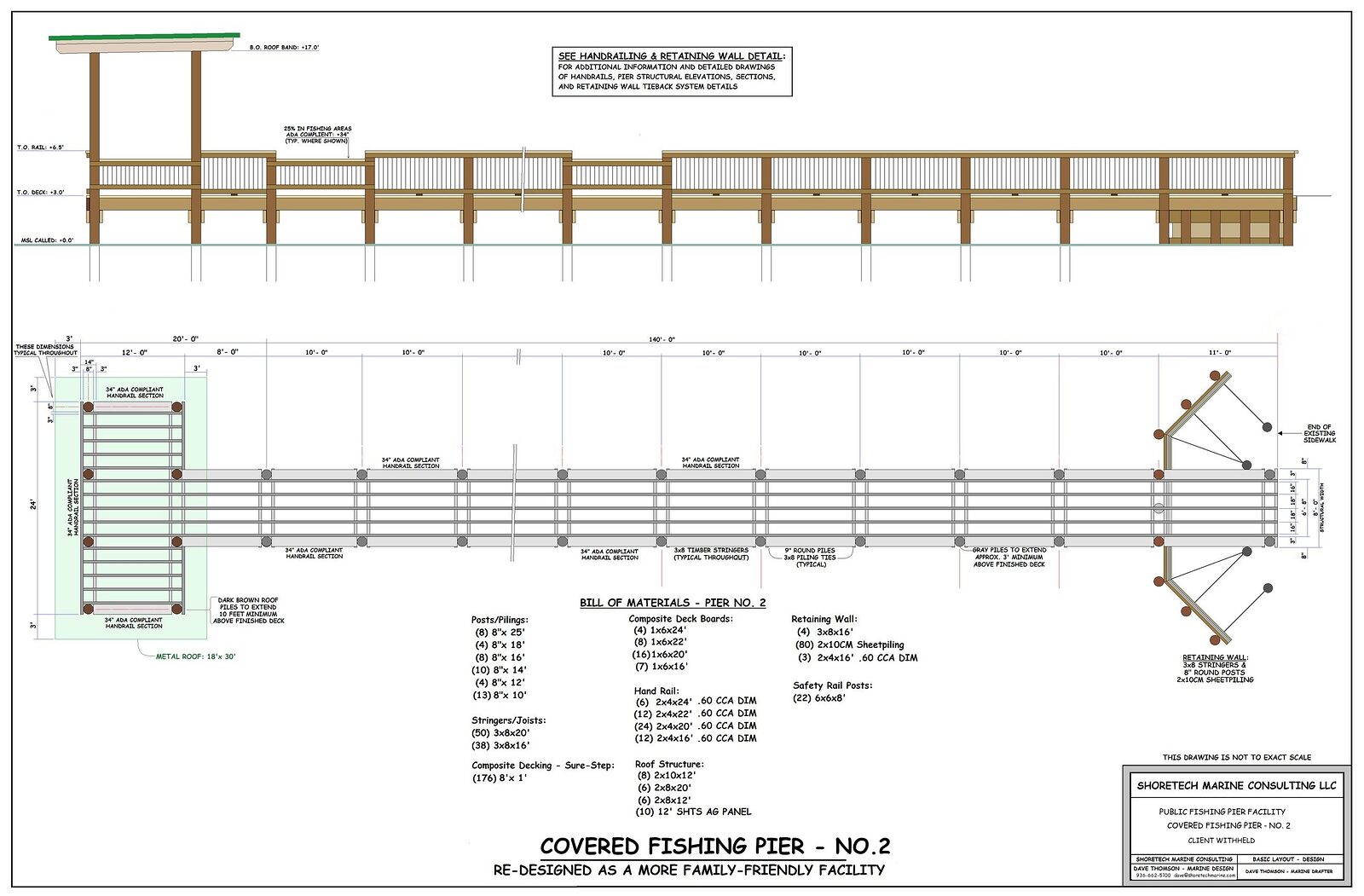 Design drawing of a second covered public fishing pier, elevation and plan, showing a railed 140 foot run to a wider covered head with its own bill of materials