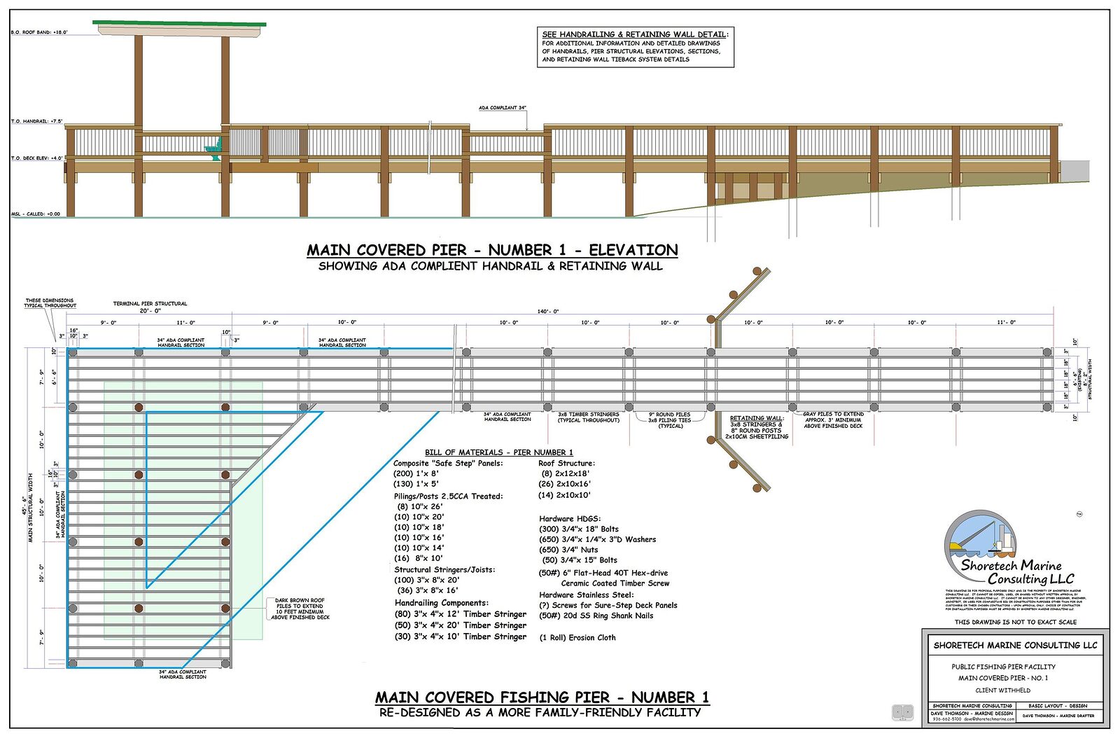 Design drawing of a covered public fishing pier with the smaller original pier outline overlaid in blue, showing how much larger the redesigned structure is