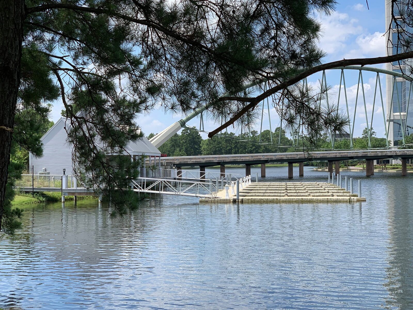 Aluminium gangway leading from the shore onto floating finger docks, with a footbridge crossing the water beyond
