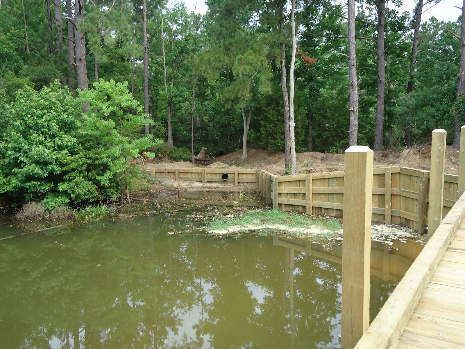 A timber wingwall carrying a culvert through the embankment beside a crossing, with the bank graded back and the water held below